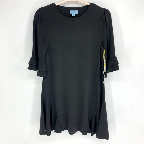 CECE Women's Knit Shift Dress Medium Rich Black Ruffled Bell Sleeves NWT - Picture 3 of 10